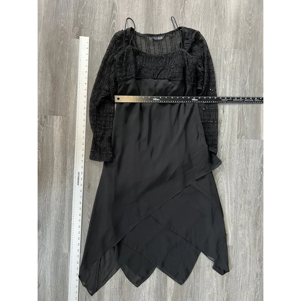 Eva Blue Vintage Black Sequin Sheer Bolero Shrug Layered Midi Dress Set Size 12